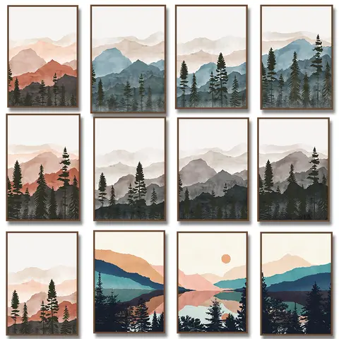 Watercolor Nature Mountain Tree Forest River Wall Art Poster Print Posters Landscape Canvas Painting  Nordic Living Room Deco