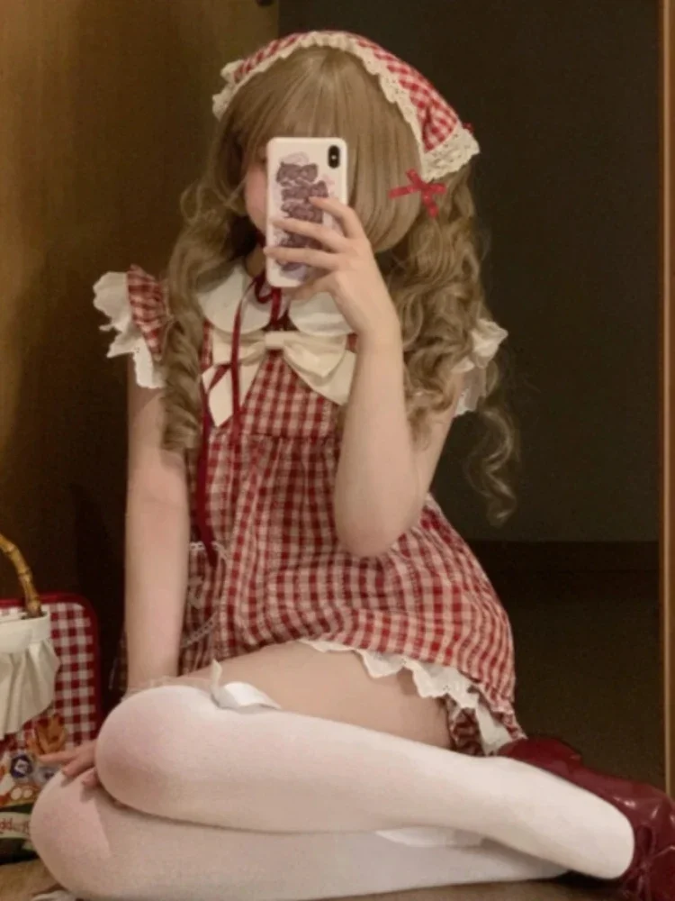 Summer Sweet Kawaii LolitaTwo Piece Set Women Lace Plaid Tops + Mini Cake Skirts Female Y2k Cute Patchwork Slim New Suit 2025 
Summer Sweet Kawaii LolitaTwo Piece Set Women Lace Plaid Tops + Mini Cake Skirts Female Y2k Cute Patchwork Slim New Suit 2025