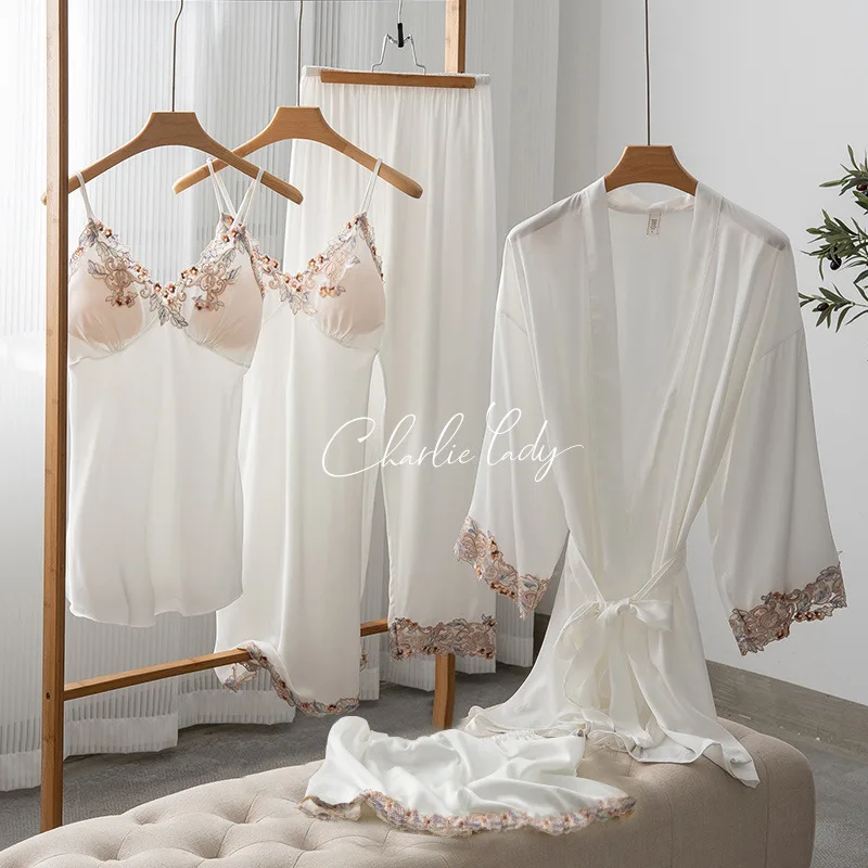 Female 5PCS Pajamas Set Sexy Lace Trim Sleepwear Bathrobe Summer Satin Nightgown Pijamas Suit Casual Loose Home Wear Lounge Wear
Female 5PCS Pajamas Set Sexy Lace Trim Sleepwear Bathrobe Summer Satin Nightgown Pijamas Suit Casual Loose Home Wear Lounge Wear