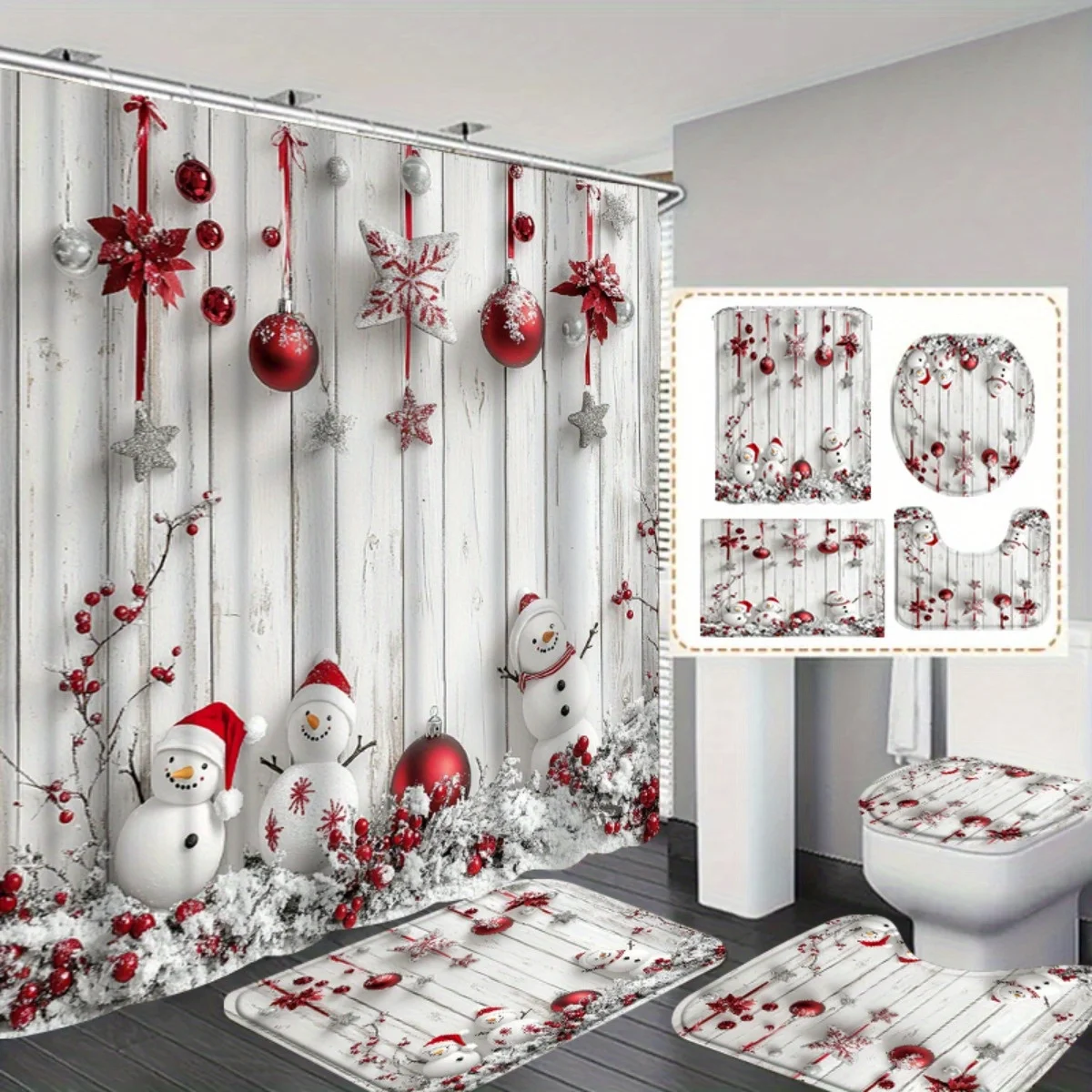 Набор для душа с рождественским снеговиком, 4 шт., красно-белая снежинка, нескользящий коврик, чехол для унитаза, 12 крючков, зимняя страна чудес, декор для ванны
Набор для душа с рождественским снеговиком, 4 шт., красно-белая снежинка, нескользящий коврик, чехол для унитаза, 12 крючков, зимняя страна чудес, декор для ванны
