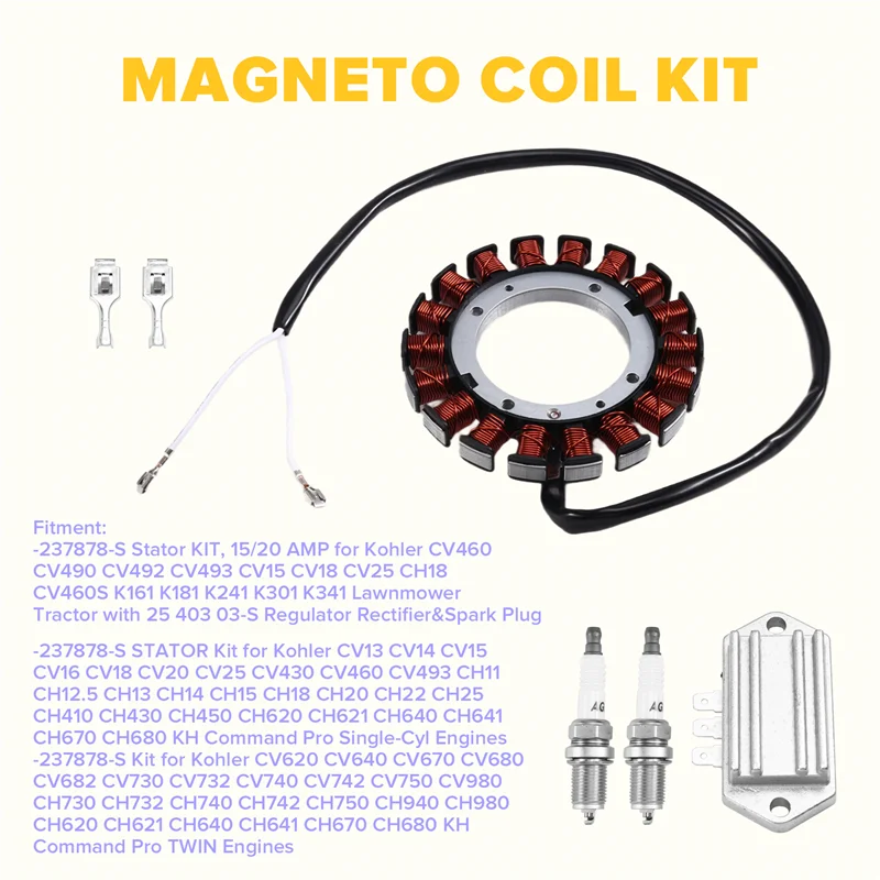 Plain For KOHLER CV460 CV490 CV492 CV493 K161 K181 K241 K301 K341 Stator Kit 15/20 Amp 237878-S 54-755-09S
Plain For KOHLER CV460 CV490 CV492 CV493 K161 K181 K241 K301 K341 Stator Kit 15/20 Amp 237878-S 54-755-09S