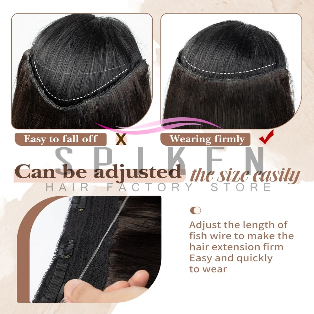 Natural Black Clip In One Piece Human Hair Extensions 60-100g with Adjustable Fish Wire Halo Hair Extensions Flip ins 12''-24'' 5 S07456ef3647047da99c9680c3851f2dab