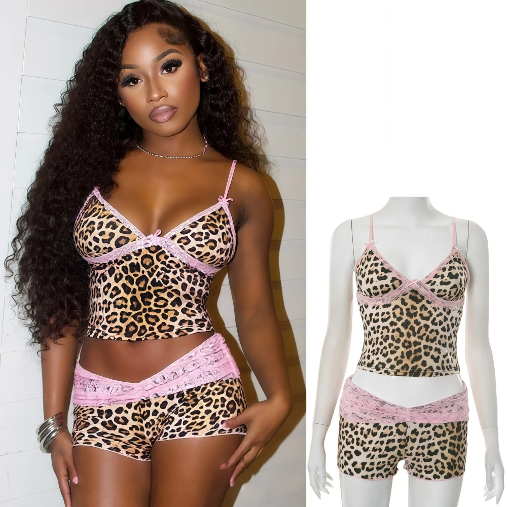 FAGADOER Sexy Leopard Print Two Piece Outfits Woman Spaghetti Strap Lace Patchwork Crop Top + Shorts Matching Female Streetwear
FAGADOER Sexy Leopard Print Two Piece Outfits Woman Spaghetti Strap Lace Patchwork Crop Top + Shorts Matching Female Streetwear