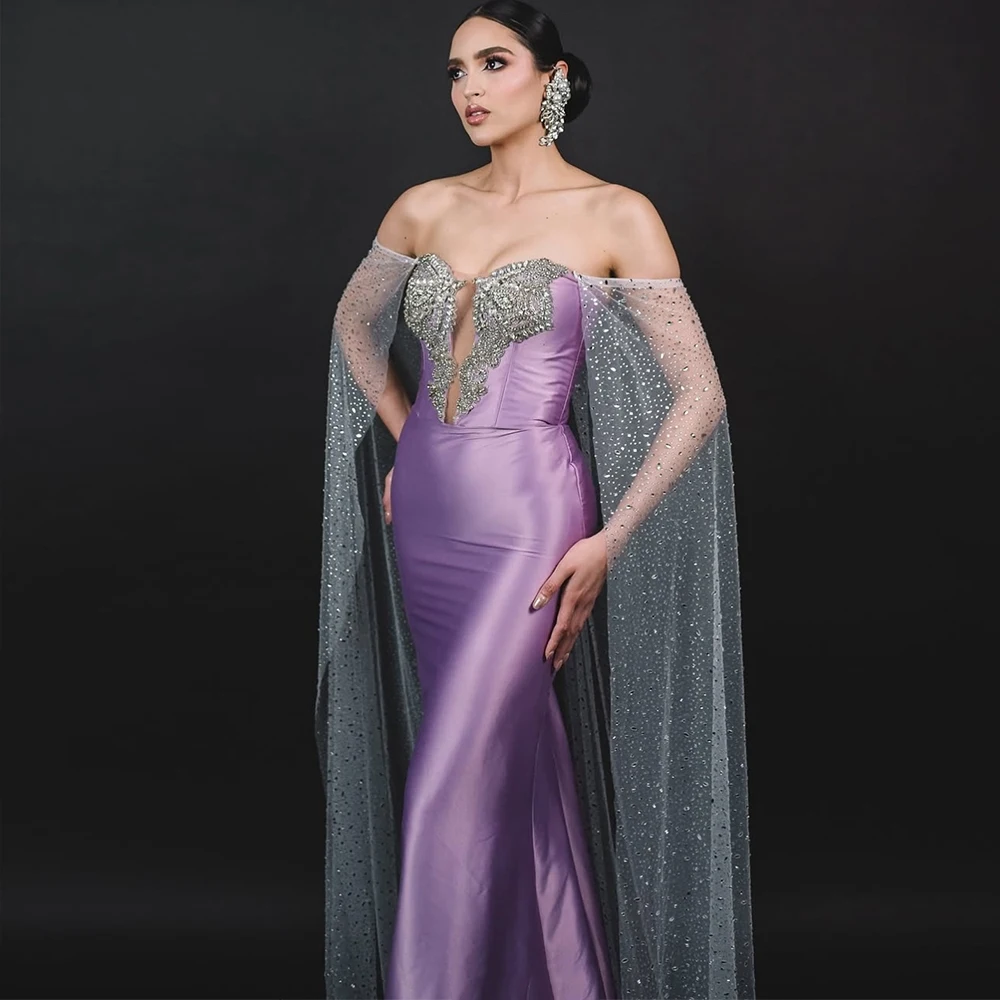 Sparkly Mother of the Bride Dresses 2025 Satin Sheath/Column Evening Dress Purple Off-the-shoulder Crystals Cape Prom Dress Long
Sparkly Mother of the Bride Dresses 2025 Satin Sheath/Column Evening Dress Purple Off-the-shoulder Crystals Cape Prom Dress Long