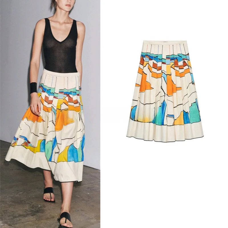 New Summer Women's Retro Cotton Print Skirt mid Waist Wide Pleat Decoration Color Blo A-Line Skirt Casual Commute Sle 
New Summer Women's Retro Cotton Print Skirt mid Waist Wide Pleat Decoration Color Blo A-Line Skirt Casual Commute Sle
