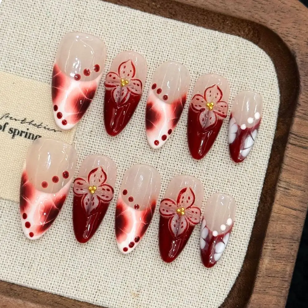 10pcs Handmade Retro Wine Red French False Nails Almond Blush Fake Nails Charming Luxury 3D Flowers Decor Press On Nails
10pcs Handmade Retro Wine Red French False Nails Almond Blush Fake Nails Charming Luxury 3D Flowers Decor Press On Nails