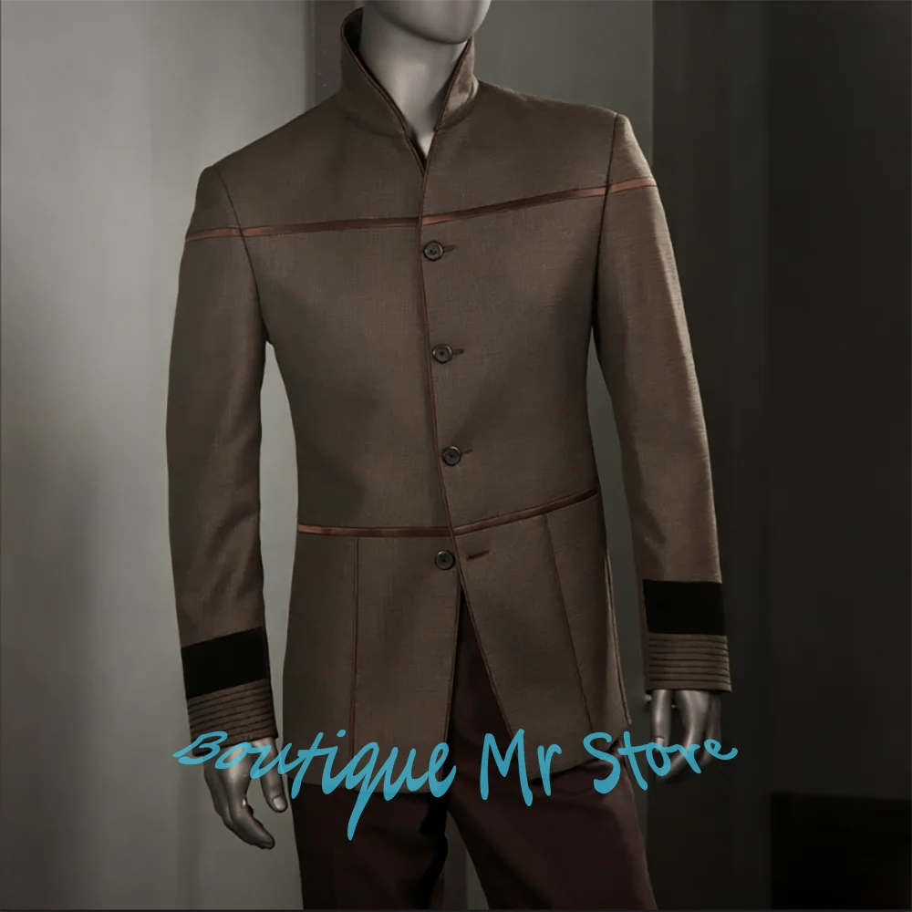 Brown Mandarin Collar Men's Suits Single Breasted 2 Piece Set with Contrast Trim Formal Jacket+Pants for Business & Evening Wear
Brown Mandarin Collar Men's Suits Single Breasted 2 Piece Set with Contrast Trim Formal Jacket+Pants for Business & Evening Wear