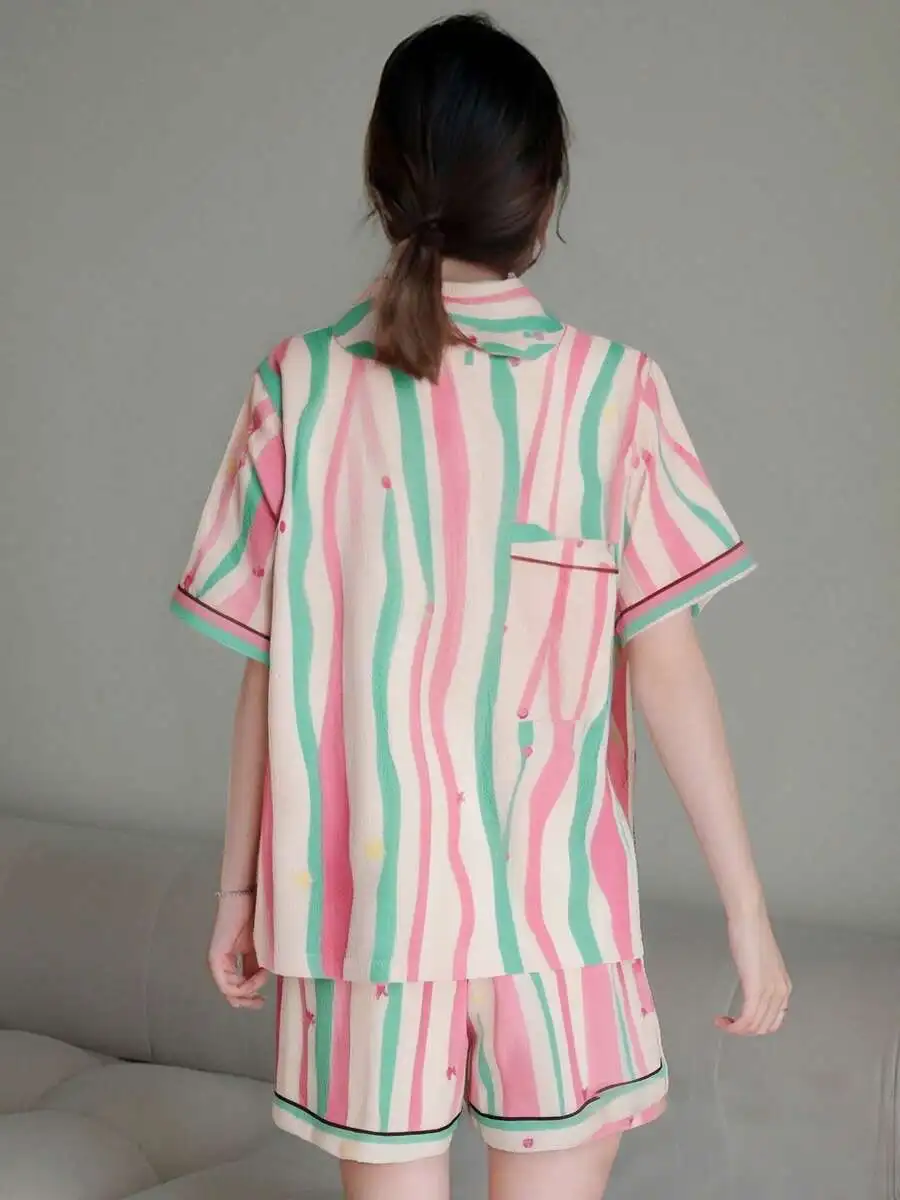 Womens Striped Short Sleeve Pajama Set With Shorts Lounge Wear
Womens Striped Short Sleeve Pajama Set With Shorts Lounge Wear