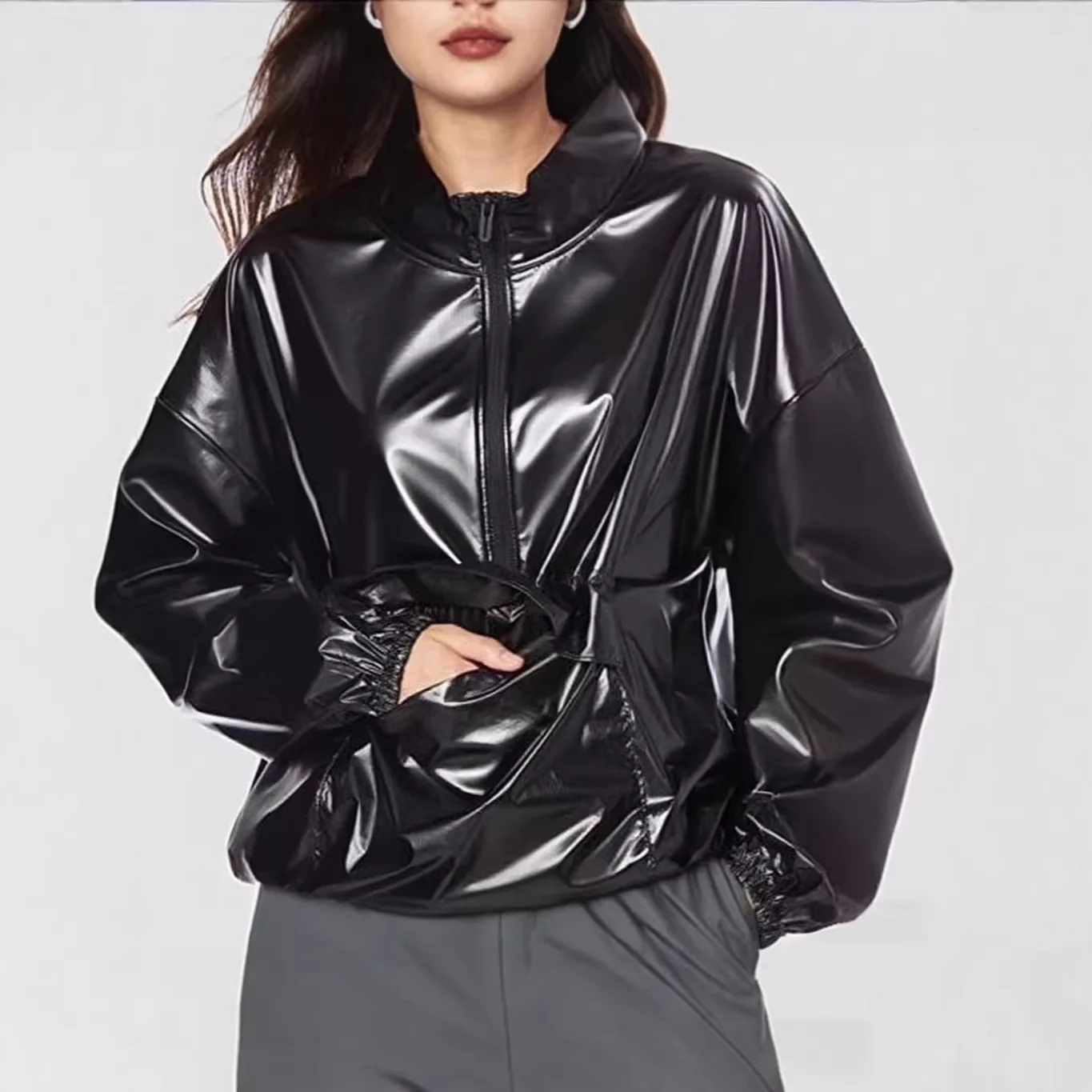 Women's Loose High Collar Zipper T-Shirt PU Leather Mirror Surface Street Style Sweatshirt Spring Season Chinese Production
Women's Loose High Collar Zipper T-Shirt PU Leather Mirror Surface Street Style Sweatshirt Spring Season Chinese Production
