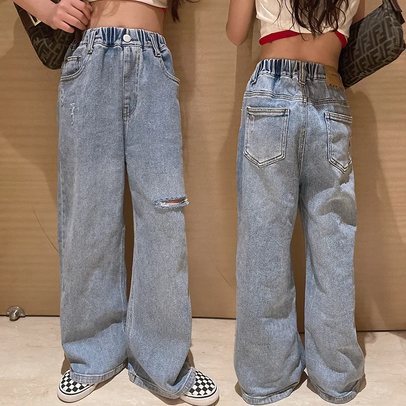 Girls Pants Jeans Fashion Elastic Waist Ripped Straight Pants Spring and Autumn Children's Clothing
Girls Pants Jeans Fashion Elastic Waist Ripped Straight Pants Spring and Autumn Children's Clothing