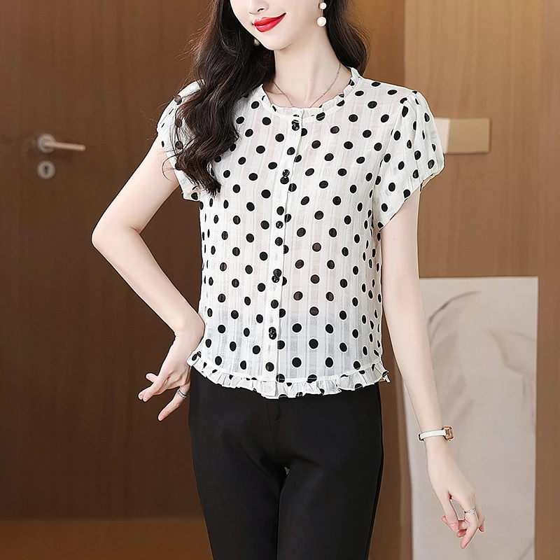 Chic Polka Dot Short Sleeve round Neck Slim Fit Floral Polyester Fiber Women's Casual Style Shirt Cover Belly Small Top
Chic Polka Dot Short Sleeve round Neck Slim Fit Floral Polyester Fiber Women's Casual Style Shirt Cover Belly Small Top