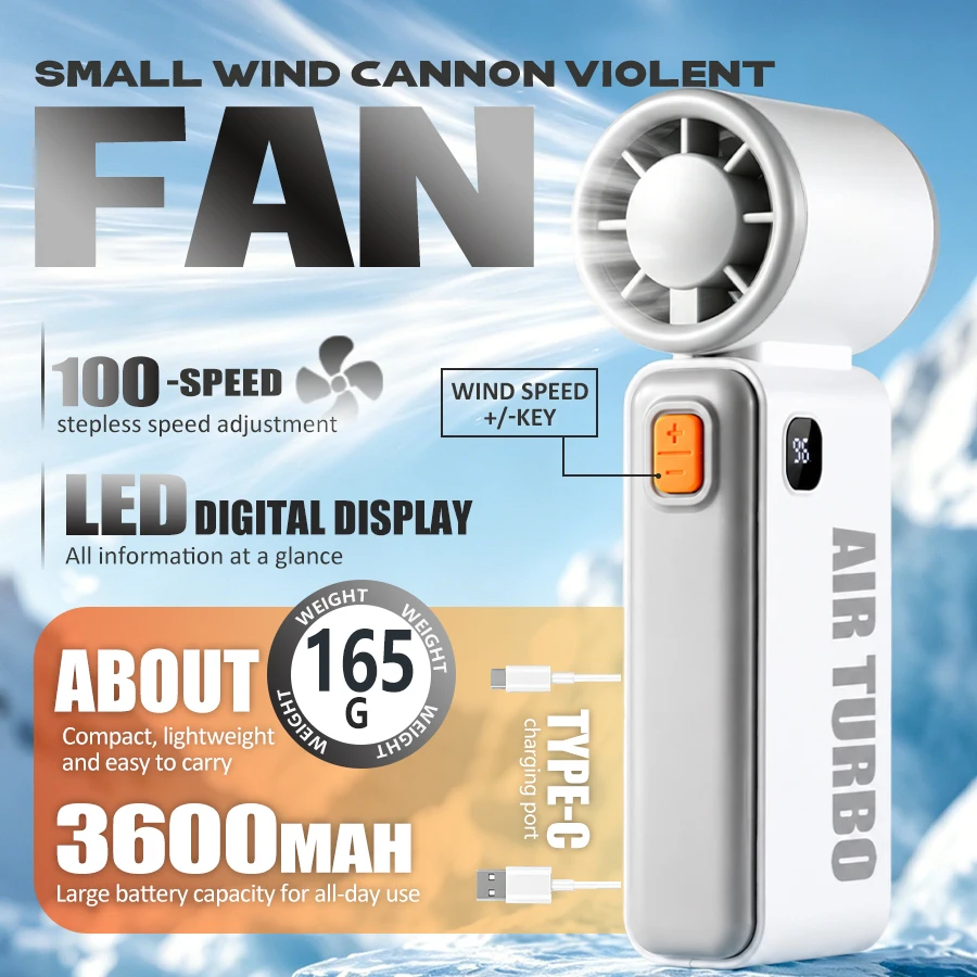 100 Speeds High Speed Handheld Fan, LED Display, 3600mAh Rechargeable, Portable, Quiet, 2-in-1 Handheld & Desktop USB Fan
100 Speeds High Speed Handheld Fan, LED Display, 3600mAh Rechargeable, Portable, Quiet, 2-in-1 Handheld & Desktop USB Fan