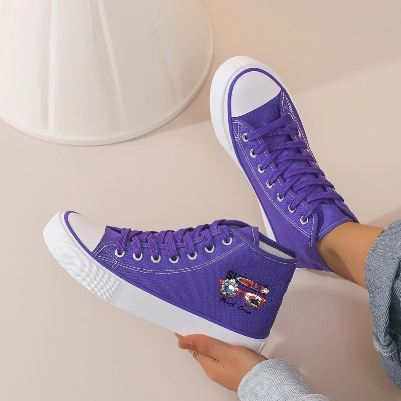 Women's Purple High-Top Canvas Sneakers: Platform Sole with Cartoon Patches. Lace-Up Casual Shoes for Daily Wear & Youth Style.
Women's Purple High-Top Canvas Sneakers: Platform Sole with Cartoon Patches. Lace-Up Casual Shoes for Daily Wear & Youth Style.