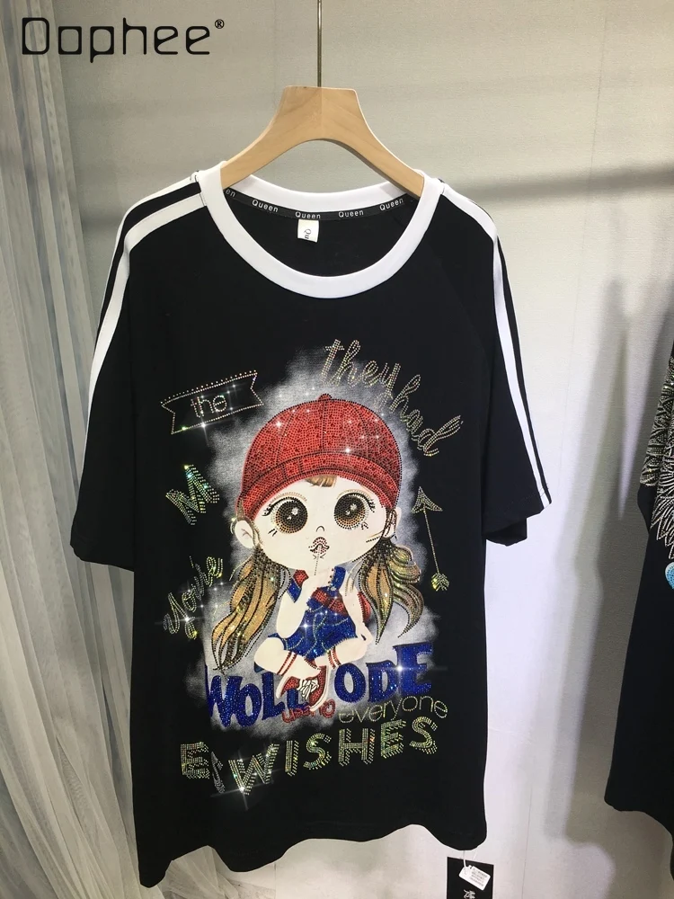 European Goods Hot Drilling Cartoon T-shirt Women Summer New Cute Girl Loose Mid-Length Thin Black Round Neck Short Sleeve Top
European Goods Hot Drilling Cartoon T-shirt Women Summer New Cute Girl Loose Mid-Length Thin Black Round Neck Short Sleeve Top