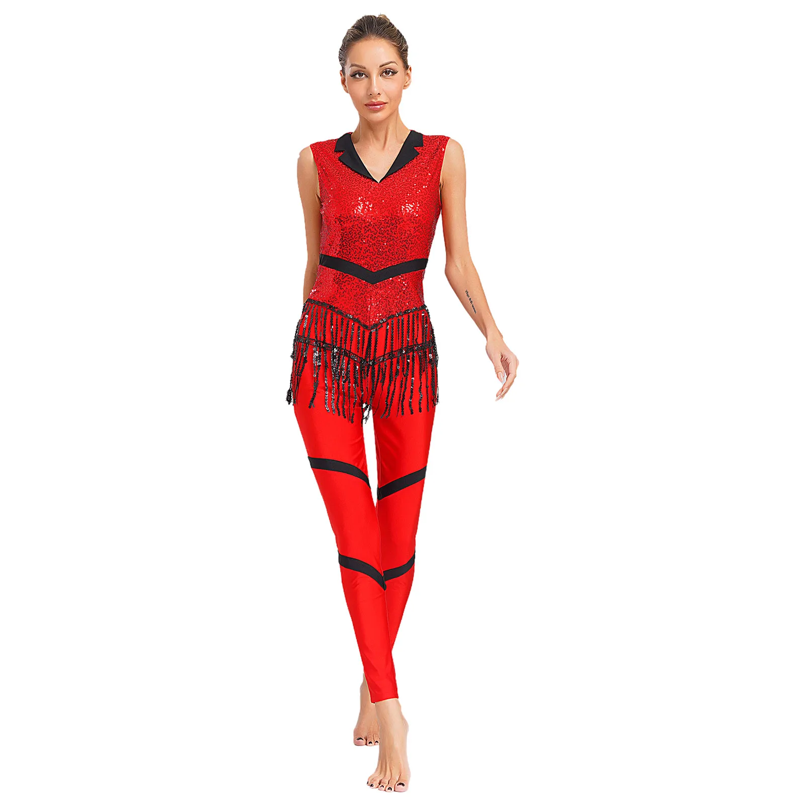 Women Latin Dance Jumpsuit Sleeveless Lapel Collar Sequins Tassels Contrast Color Bodysuit Jazz Leotard Performance Costume
Women Latin Dance Jumpsuit Sleeveless Lapel Collar Sequins Tassels Contrast Color Bodysuit Jazz Leotard Performance Costume