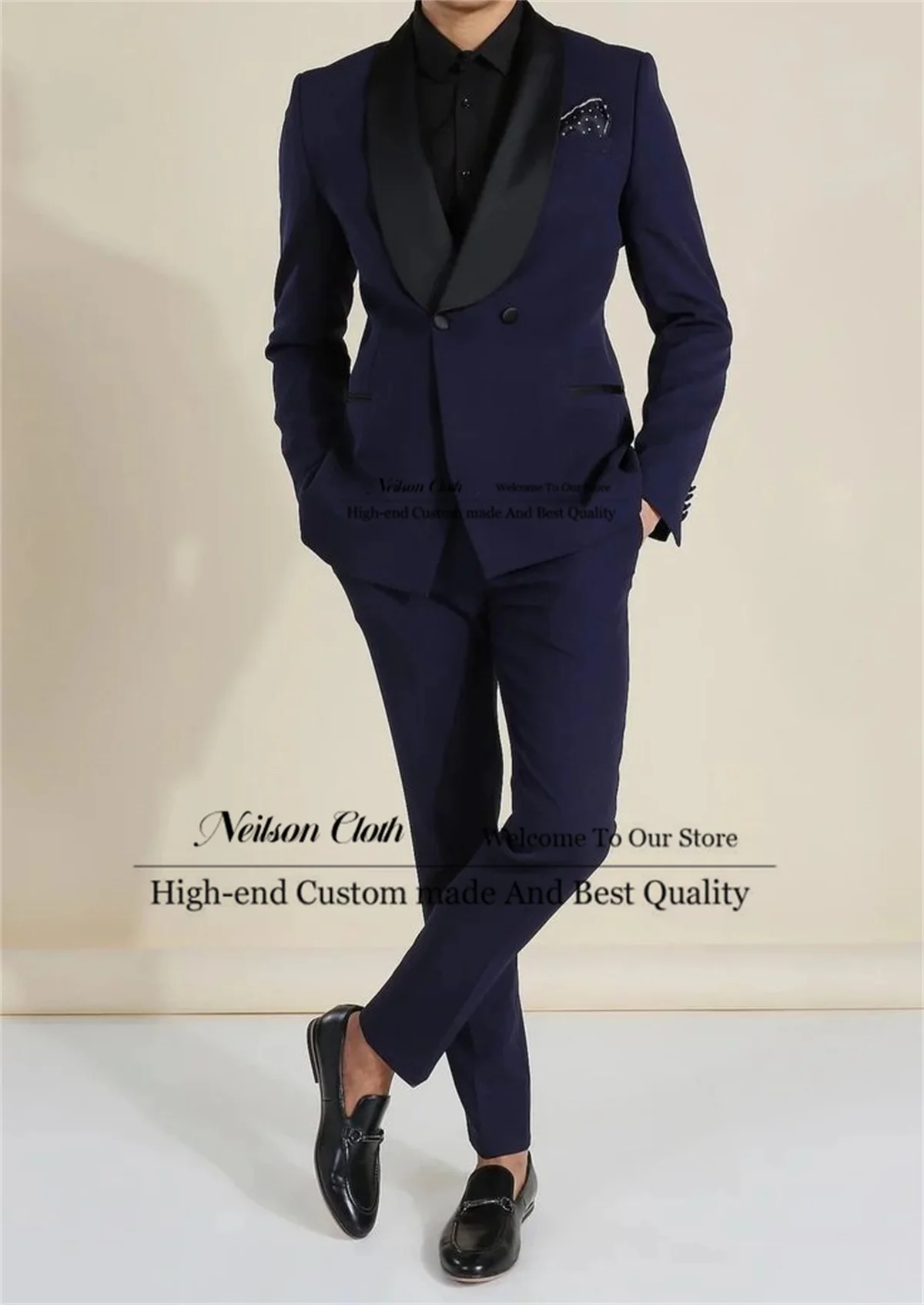 Business Navy Blue Male Prom Blazers Double Breasted 2 Pcs Sets Groom Wedding Tuxedos Customized Shawl Lapel Terno Masculino
Business Navy Blue Male Prom Blazers Double Breasted 2 Pcs Sets Groom Wedding Tuxedos Customized Shawl Lapel Terno Masculino