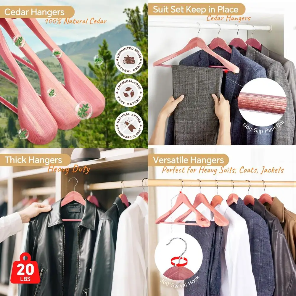 Non-Slip Cedar Wood Hangers with 360° Swivel Hooks and Pant Bar for Suits and Coats, 10 Pack, Closet Organizer Essentials
Non-Slip Cedar Wood Hangers with 360° Swivel Hooks and Pant Bar for Suits and Coats, 10 Pack, Closet Organizer Essentials