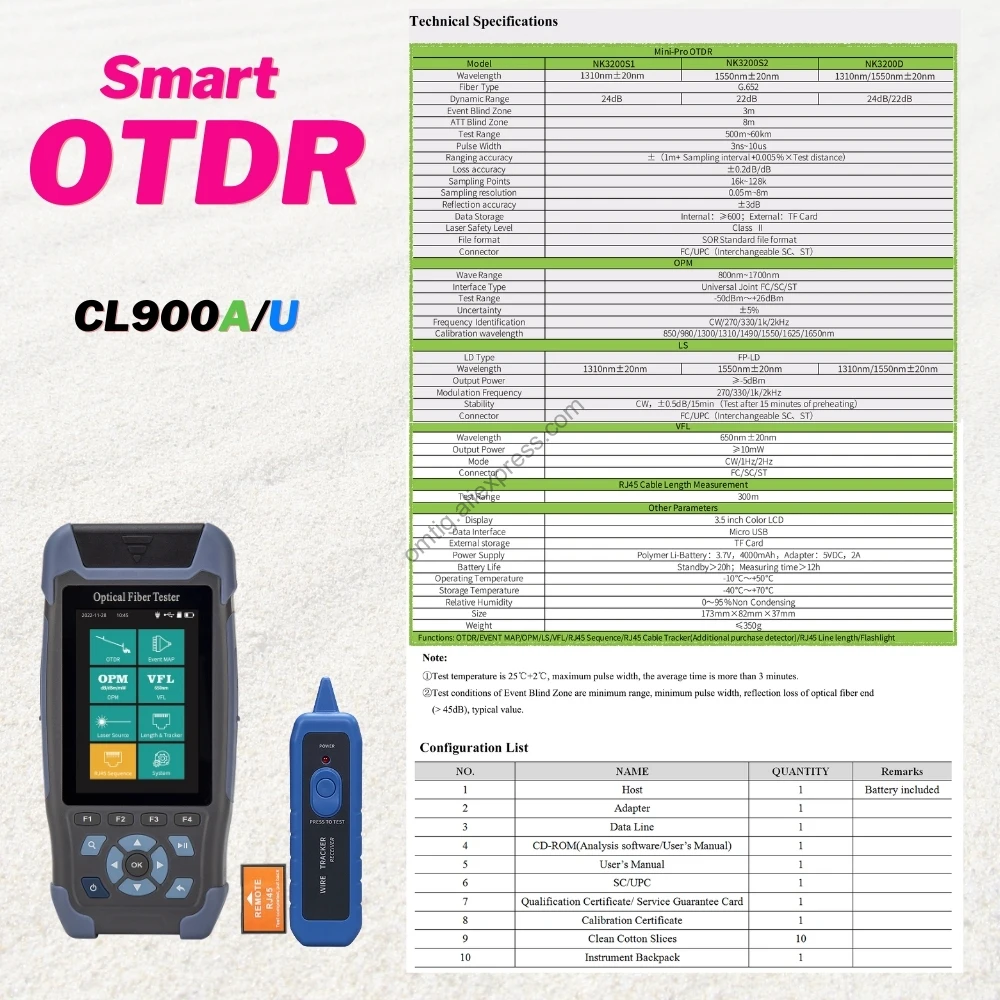 9 in 1 CL900D mini pro OTDR Reflectometer RJ45 Ethernet Cable Serial Distance Tracker Device OPM OLS VFL Event Mapping
9 in 1 CL900D mini pro OTDR Reflectometer RJ45 Ethernet Cable Serial Distance Tracker Device OPM OLS VFL Event Mapping