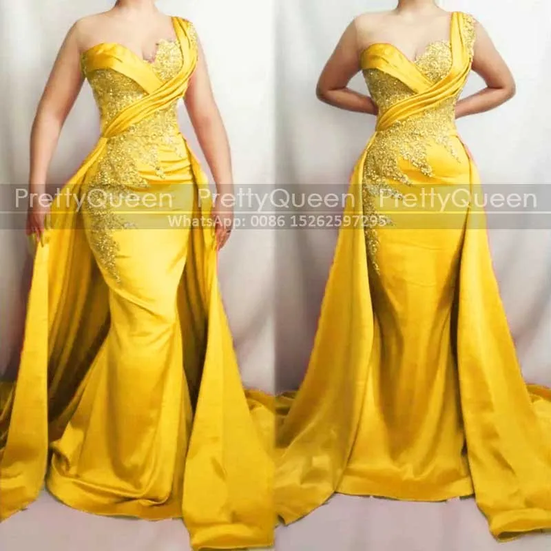 Customized Appliques Long Prom Dresses Mermaid Overskirt One Shoulder Sleeveless Gold Yellow Trumpet Party Dress For Women
Customized Appliques Long Prom Dresses Mermaid Overskirt One Shoulder Sleeveless Gold Yellow Trumpet Party Dress For Women