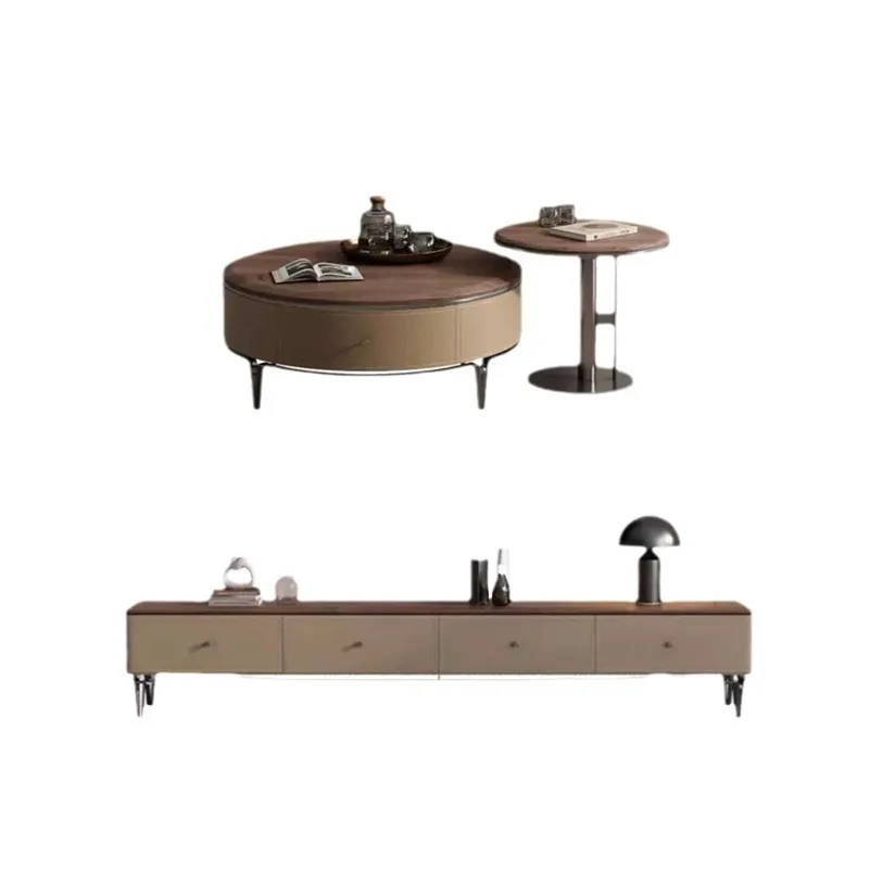 Medieval style modern light luxury walnut solid wood round home living room saddle leather coffee table TV cabinet combination
Medieval style modern light luxury walnut solid wood round home living room saddle leather coffee table TV cabinet combination