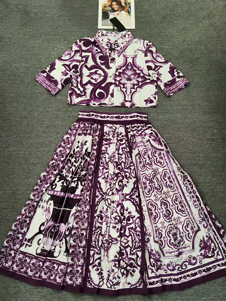 Retro geometric print lapel short shirt two-piece set for 2025 summer women's wear+high waist loose pleated skirt fashion set 
Retro geometric print lapel short shirt two-piece set for 2025 summer women's wear+high waist loose pleated skirt fashion set