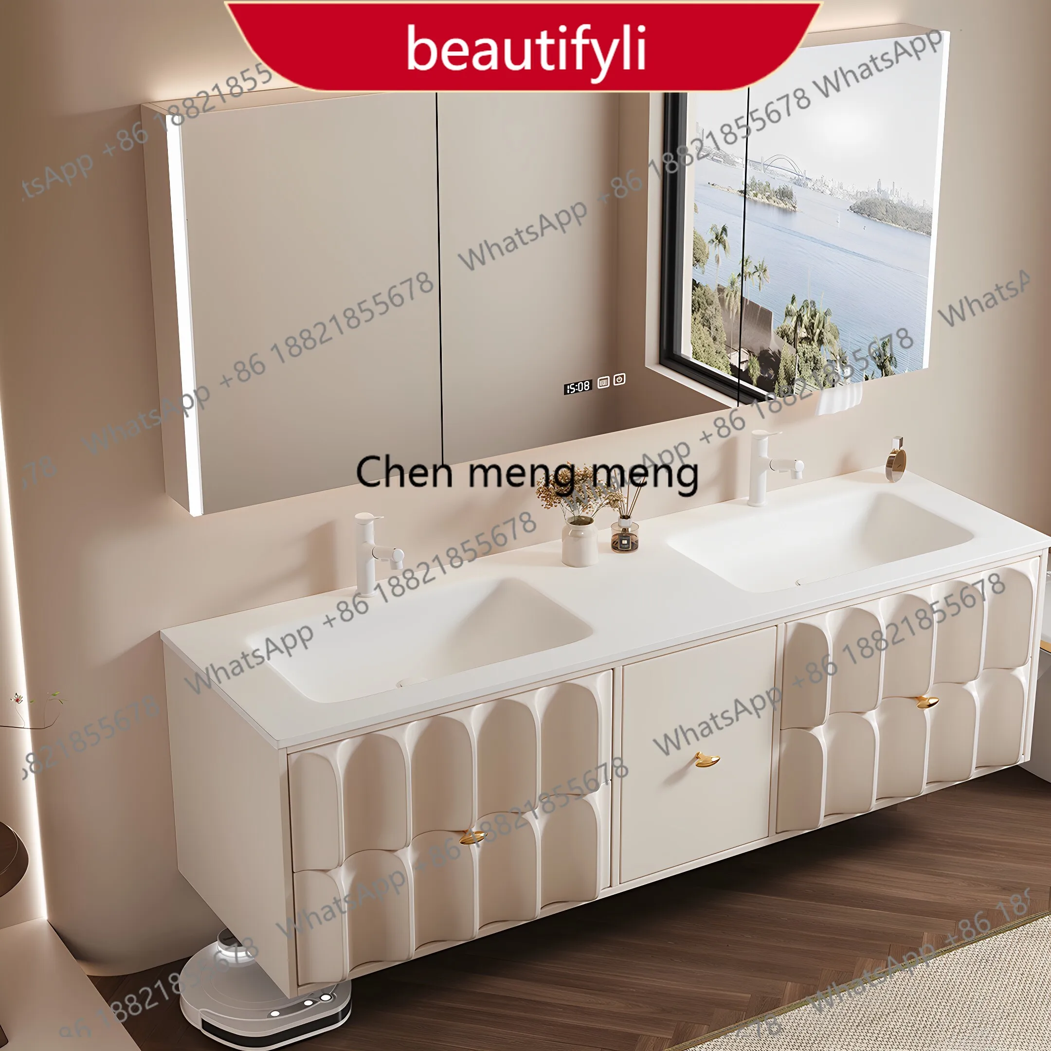 a55 2026 new Corian integrated double basin double faucet cream wind rubber wood enlarged basin bathroom cabinet
a55 2026 new Corian integrated double basin double faucet cream wind rubber wood enlarged basin bathroom cabinet
