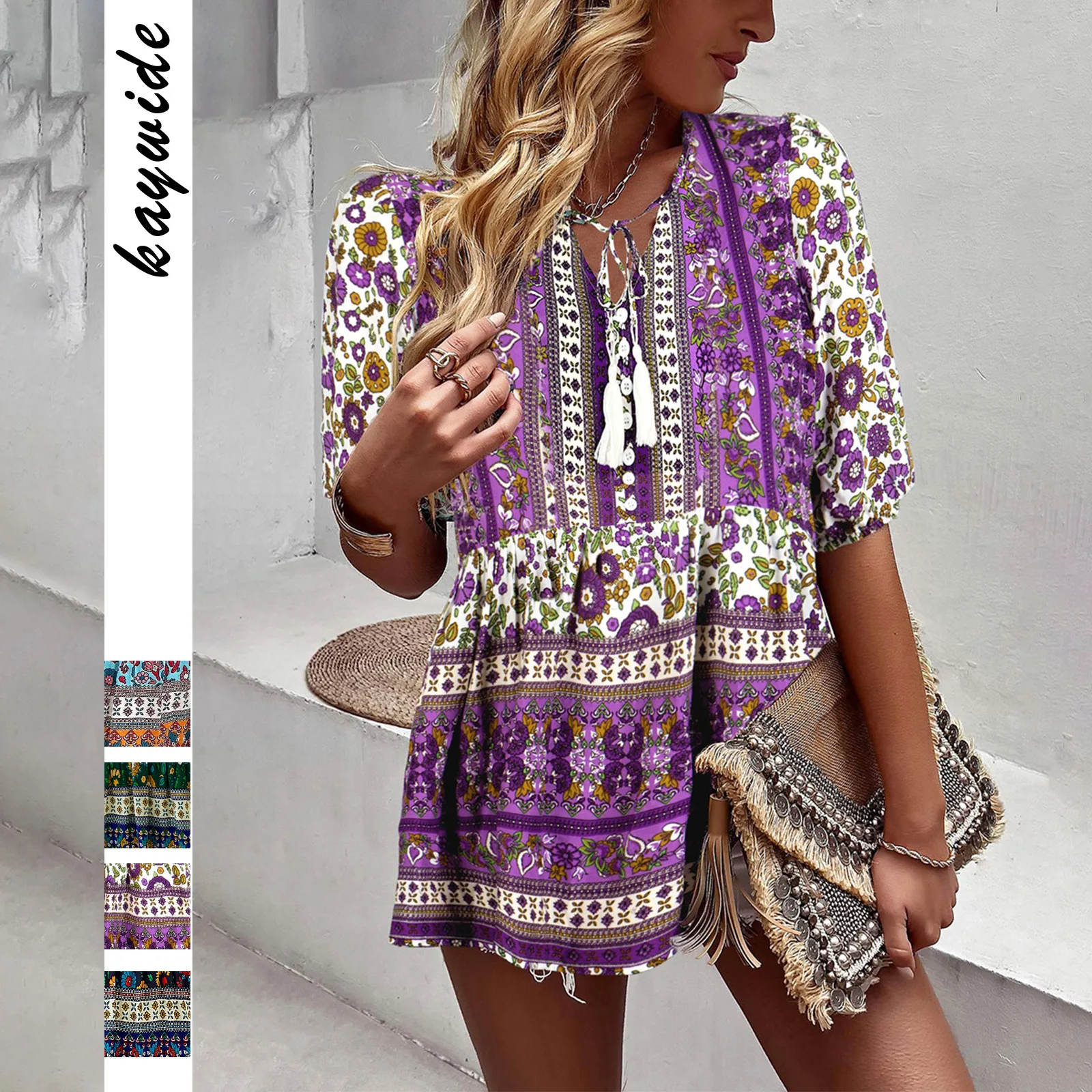 High Quality 2024 Bohemian Style Flowing Su V-neck Printed Casual Vacation Top Bodycon Dress Vestidos Women Clothing Mini Dress
High Quality 2024 Bohemian Style Flowing Su V-neck Printed Casual Vacation Top Bodycon Dress Vestidos Women Clothing Mini Dress