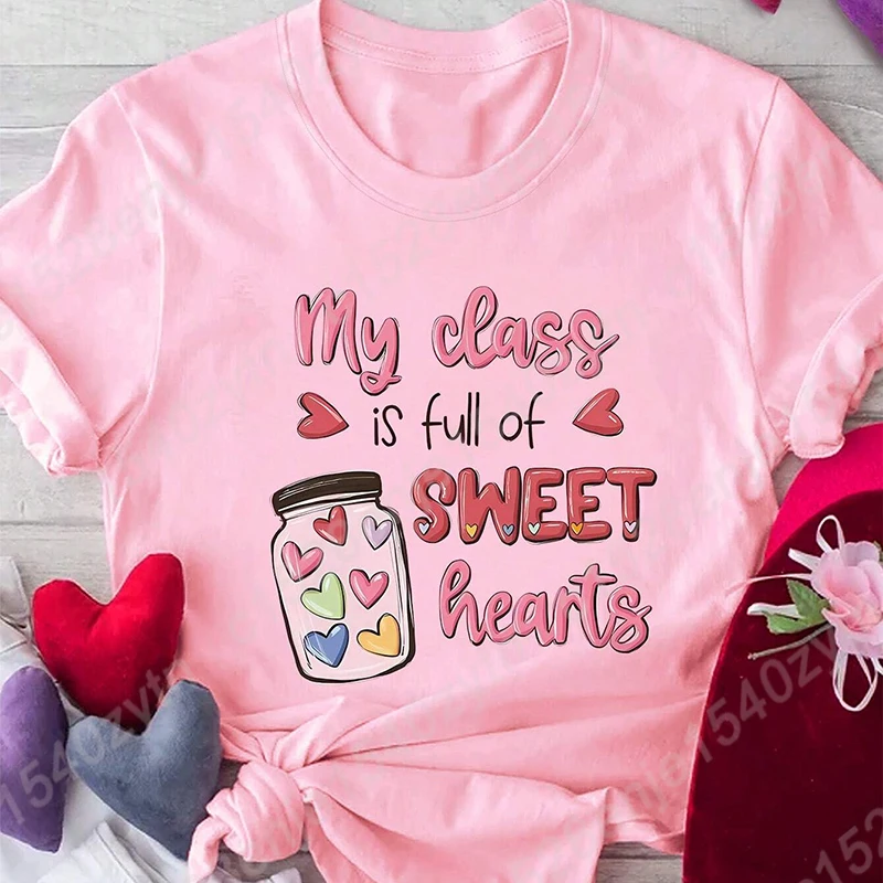 Women's Heart & My Class Is Full Of Sweet Hearts Print Round Neck T-Shirt, Valentine's Day T-shirts, Funny Teacher Tees Tops
Women's Heart & My Class Is Full Of Sweet Hearts Print Round Neck T-Shirt, Valentine's Day T-shirts, Funny Teacher Tees Tops