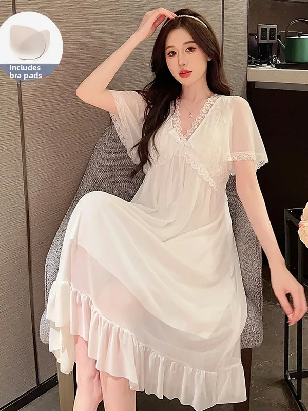 Ladies Summer Ice Silk Thin Cool Feeling Mesh Modal Large Size Princess Style Home Clothes Sleepwear with Chest Pad
Ladies Summer Ice Silk Thin Cool Feeling Mesh Modal Large Size Princess Style Home Clothes Sleepwear with Chest Pad