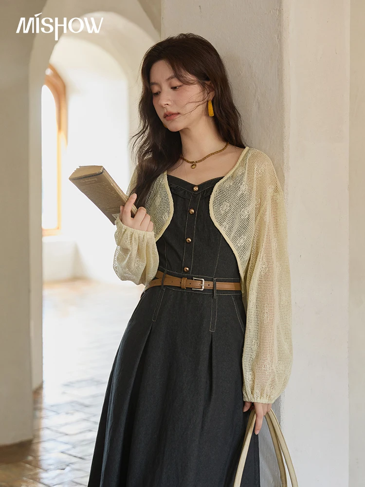 MISHOW Women's Two-Piece Set 2025 Lantern Sleeves Knitted Cardigan Imitation Denim Strap Dress Set With Belt Included MXE41T0704
MISHOW Women's Two-Piece Set 2025 Lantern Sleeves Knitted Cardigan Imitation Denim Strap Dress Set With Belt Included MXE41T0704