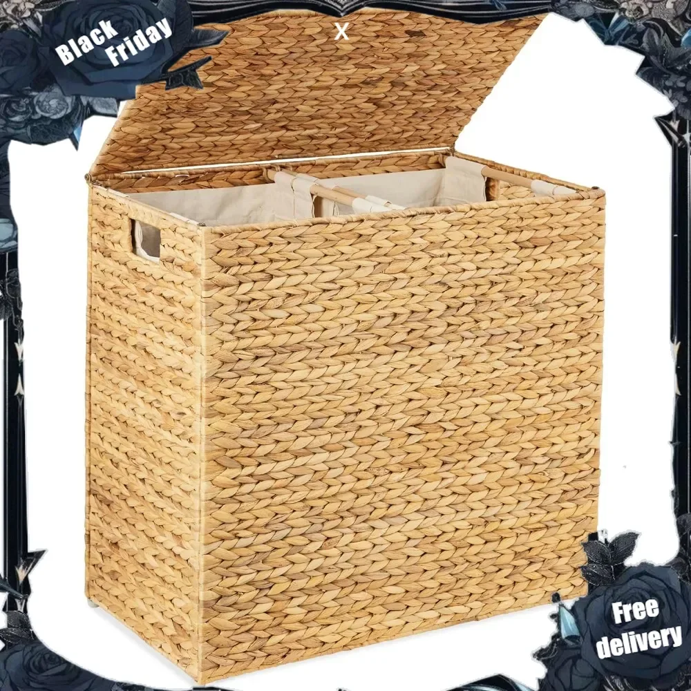 Large Double Laundry Hamper with Lid, Natural Handwoven Water Hyacinth, 2 Sections w/ 2 Machine Washable Linen Liner Bags
Large Double Laundry Hamper with Lid, Natural Handwoven Water Hyacinth, 2 Sections w/ 2 Machine Washable Linen Liner Bags