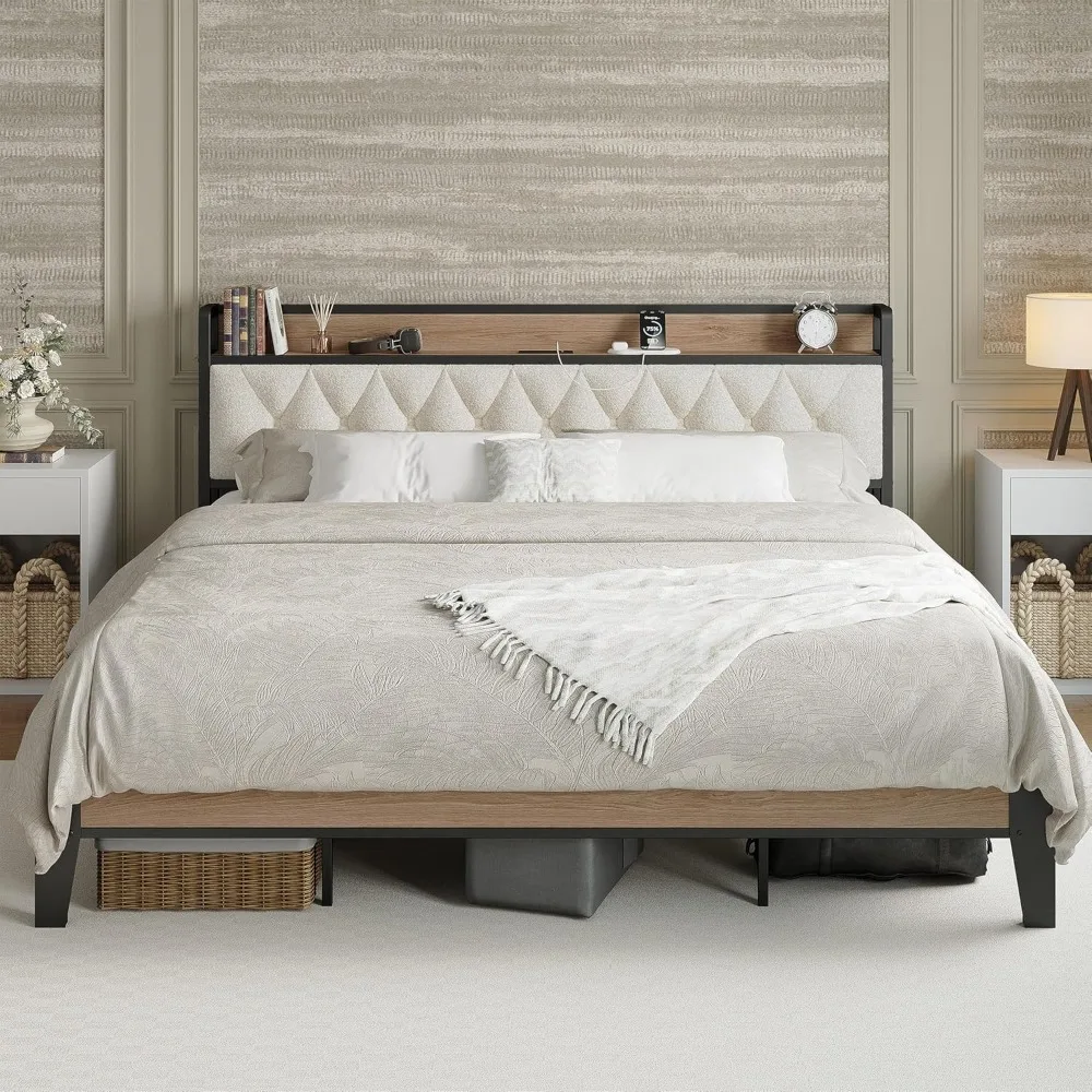 Big bed frame, storage headboard with charging station, platform bed frame with sturdy metal support, sturdy and stable
Big bed frame, storage headboard with charging station, platform bed frame with sturdy metal support, sturdy and stable