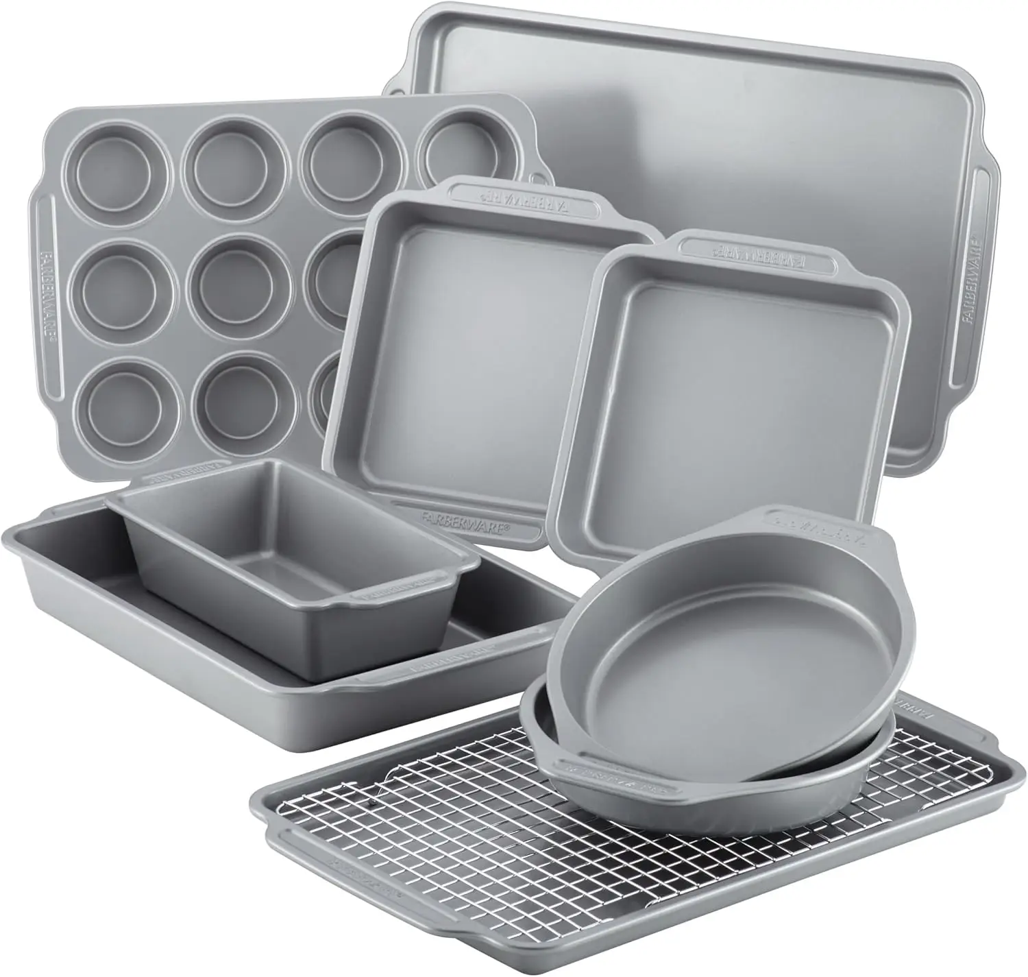 10-Piece Nonstick Steel Bakeware Set with Cooling Rack, Baking Pan, Cookie Sheet, and Bread Pan in Gray
10-Piece Nonstick Steel Bakeware Set with Cooling Rack, Baking Pan, Cookie Sheet, and Bread Pan in Gray