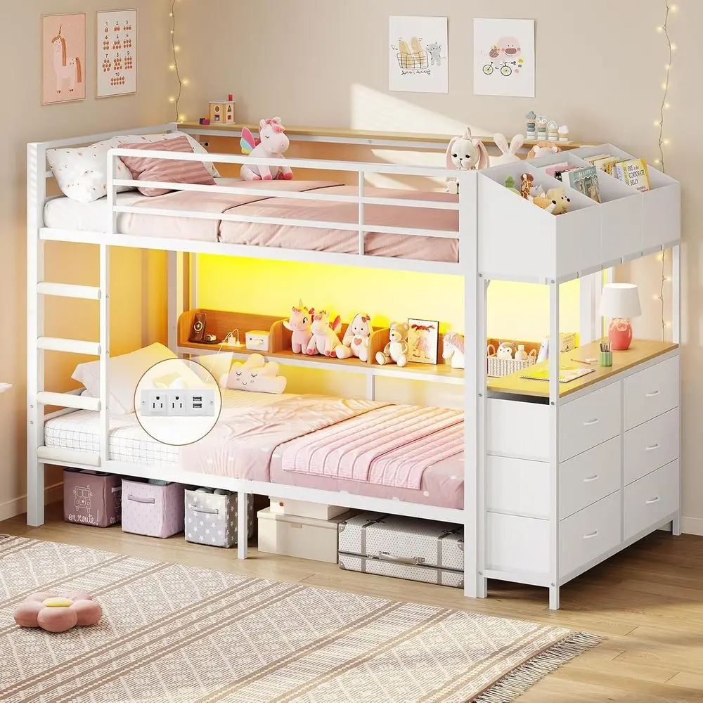 Twin Over Twin Metal Bunk Bed with 6 Drawers, LED Lights, Charging Station, Side Bookcase, 3 Storage Boxes, Safety Guardrail, Wh
Twin Over Twin Metal Bunk Bed with 6 Drawers, LED Lights, Charging Station, Side Bookcase, 3 Storage Boxes, Safety Guardrail, Wh