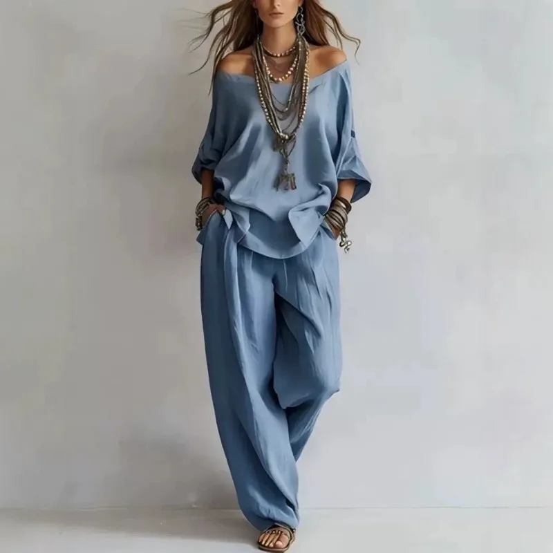 European Style New Women Casual 2 Piece Set Off Shoulder Loose Top & High Waist Wide Leg Pants Outfit
European Style New Women Casual 2 Piece Set Off Shoulder Loose Top & High Waist Wide Leg Pants Outfit
