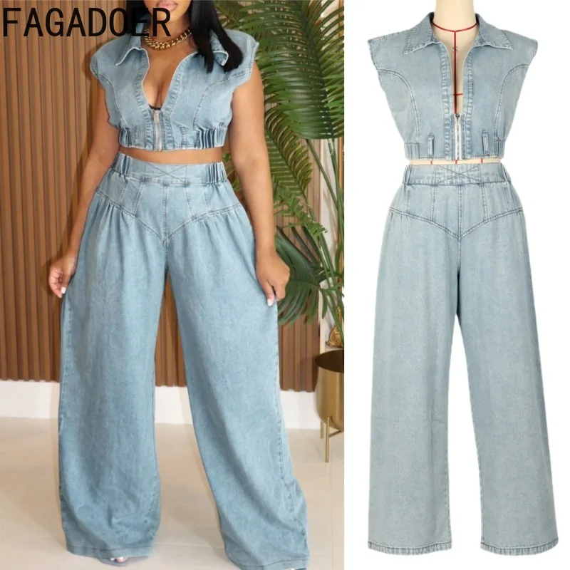 FAGADOER Casual Denim Two Piece Outfits Woman Sleeveless Zipper Crop Top and Wide Leg Pants Matching Sets Fashion Streetwear
FAGADOER Casual Denim Two Piece Outfits Woman Sleeveless Zipper Crop Top and Wide Leg Pants Matching Sets Fashion Streetwear