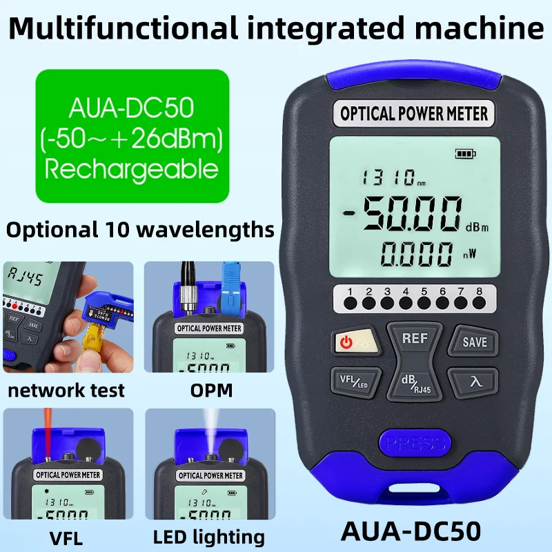 AUA-DC50 FTTH 4 in 1 Optical Power Meter -50~+26 Visual Fault Locator 1-50mw Network Cable Test LED Lighting Fiber Optic Tester
AUA-DC50 FTTH 4 in 1 Optical Power Meter -50~+26 Visual Fault Locator 1-50mw Network Cable Test LED Lighting Fiber Optic Tester