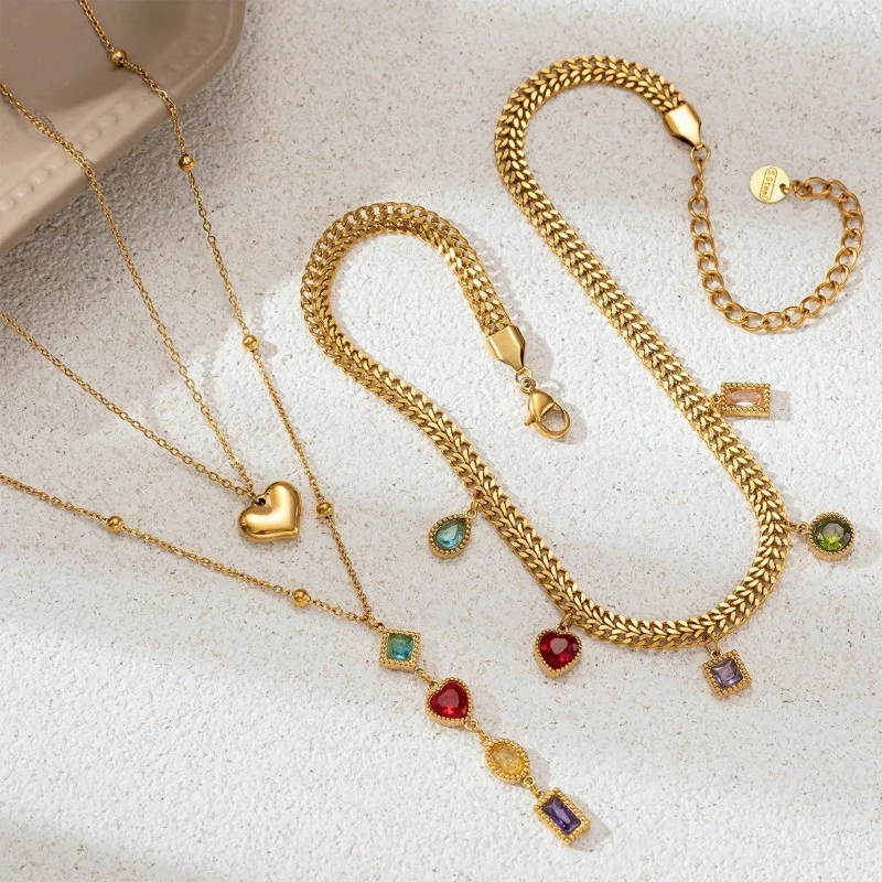 316l Stainless Steel Jewelry Colorful Zirconia Heart Chain Chokers Necklace Geometric Chain Collar Waterproof Jewelry For Women
316l Stainless Steel Jewelry Colorful Zirconia Heart Chain Chokers Necklace Geometric Chain Collar Waterproof Jewelry For Women
