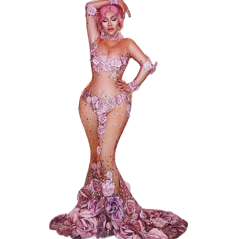 Fashion 3D Pink Rose Flower Tight Stretch Women Long Tailing Dresses Long Sleeve Mesh Transparent Dress Singer Stage Costume
Fashion 3D Pink Rose Flower Tight Stretch Women Long Tailing Dresses Long Sleeve Mesh Transparent Dress Singer Stage Costume