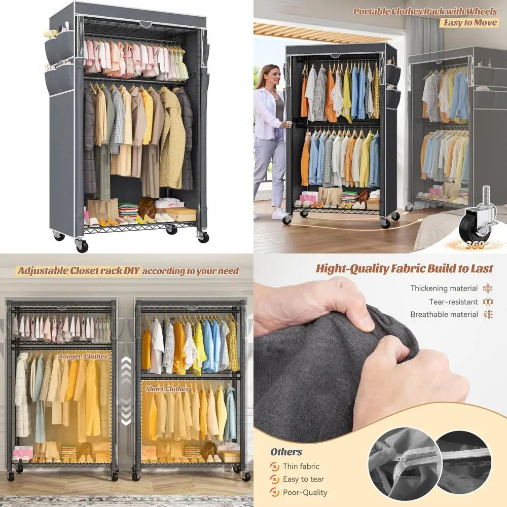 Heavy-Duty Adjustable Hanging Clothes Rack with Cover and Wheels, 35.5 W x 15.7 D x 79 H, Black for Sturdy Garment Storage
Heavy-Duty Adjustable Hanging Clothes Rack with Cover and Wheels, 35.5 W x 15.7 D x 79 H, Black for Sturdy Garment Storage