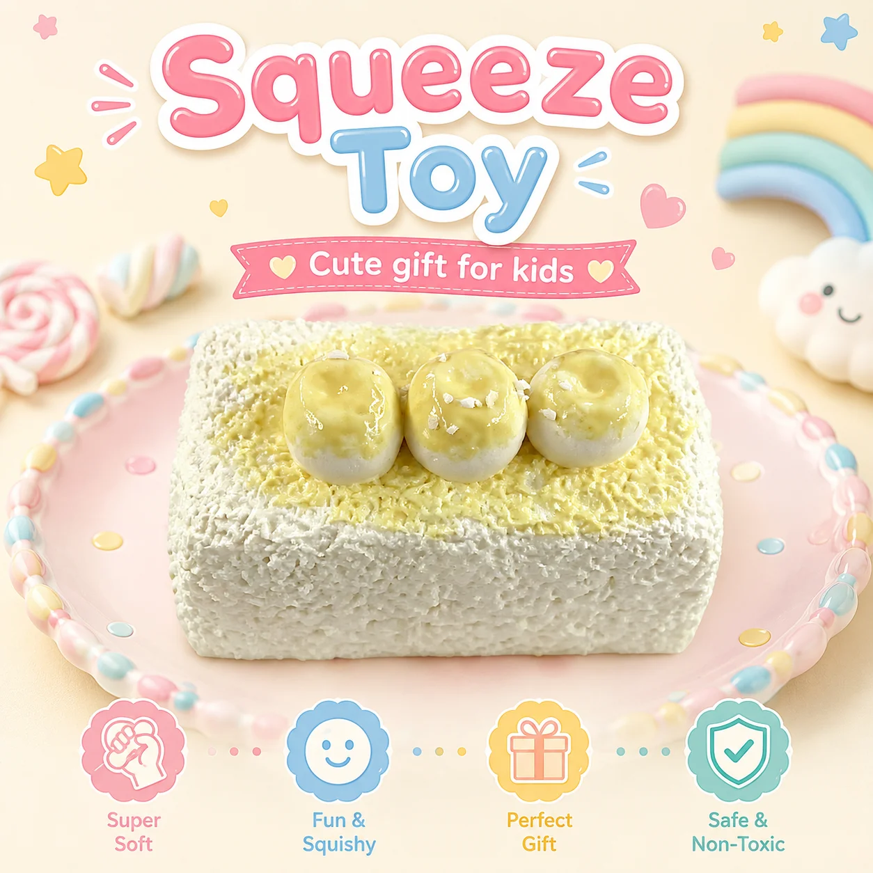 Soft Food Grade Rectangle Milk Cake Squeeze Toy Pudding Topping Crumb Decoration Stress Reducing Fidget Squishy Toy For Kids
Soft Food Grade Rectangle Milk Cake Squeeze Toy Pudding Topping Crumb Decoration Stress Reducing Fidget Squishy Toy For Kids