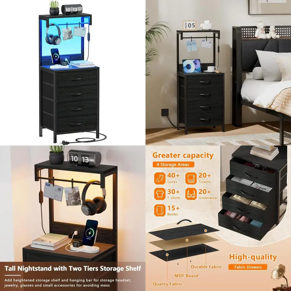 Contemporary Nightstand with Charging Station, LED Lights, and Storage Shelves for Bedroom, Hallway, or Office in Black Oak Fini
Contemporary Nightstand with Charging Station, LED Lights, and Storage Shelves for Bedroom, Hallway, or Office in Black Oak Fini
