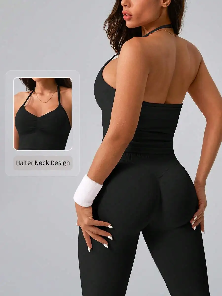 Womens Ribbed Elastic Halter Neck Yoga Tank Top And Leggings Set
Womens Ribbed Elastic Halter Neck Yoga Tank Top And Leggings Set