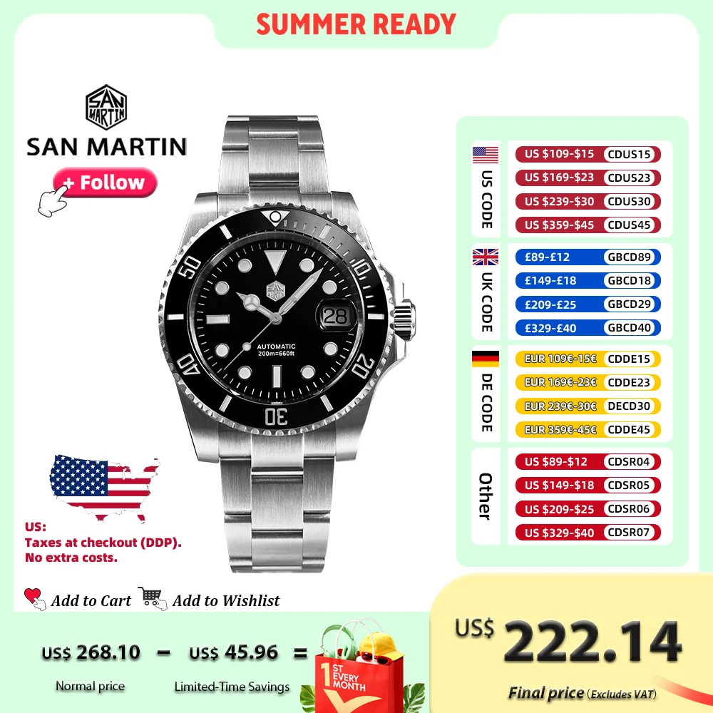 Новые улучшенные мужские автоматические дайверские часы San Martin Sub PT5000 ST2130 с керамическим безелем, водонепроницаемость 200 м, сапфировое стекло, SN0017G
Новые улучшенные мужские автоматические дайверские часы San Martin Sub PT5000 ST2130 с керамическим безелем, водонепроницаемость 200 м, сапфировое стекло, SN0017G