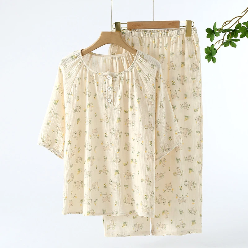 Bunny Print Pajama Set for Women, 2-Piece Cotton Gauze Short Sleeve & Capri Pants, Cute & Breathable, Lightweight Summer Home Lo
Bunny Print Pajama Set for Women, 2-Piece Cotton Gauze Short Sleeve & Capri Pants, Cute & Breathable, Lightweight Summer Home Lo