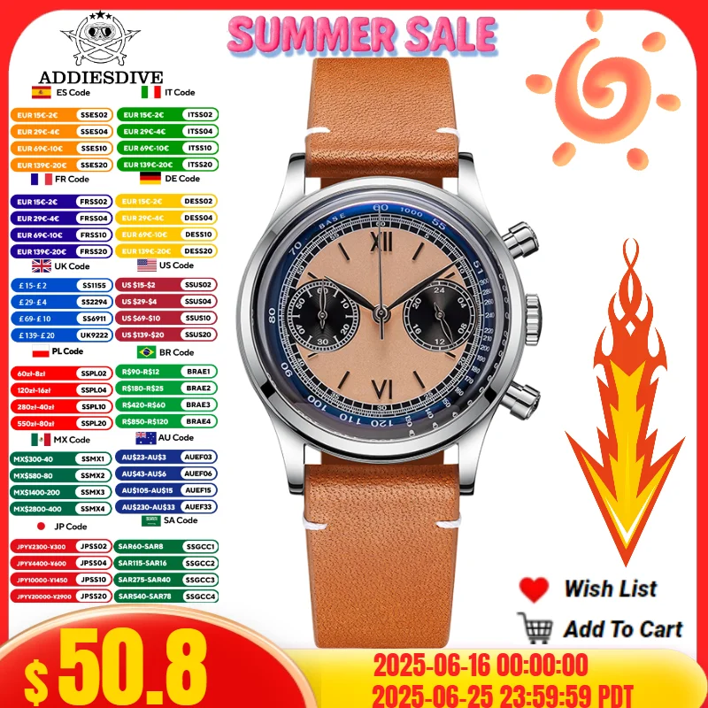 ADDIESDIVE 38MM AD2037 Men Multifunctional Chronograph Watches 10Bar Diving Leather Belt Timing Clocks Quartz Watch Relogios
ADDIESDIVE 38MM AD2037 Men Multifunctional Chronograph Watches 10Bar Diving Leather Belt Timing Clocks Quartz Watch Relogios