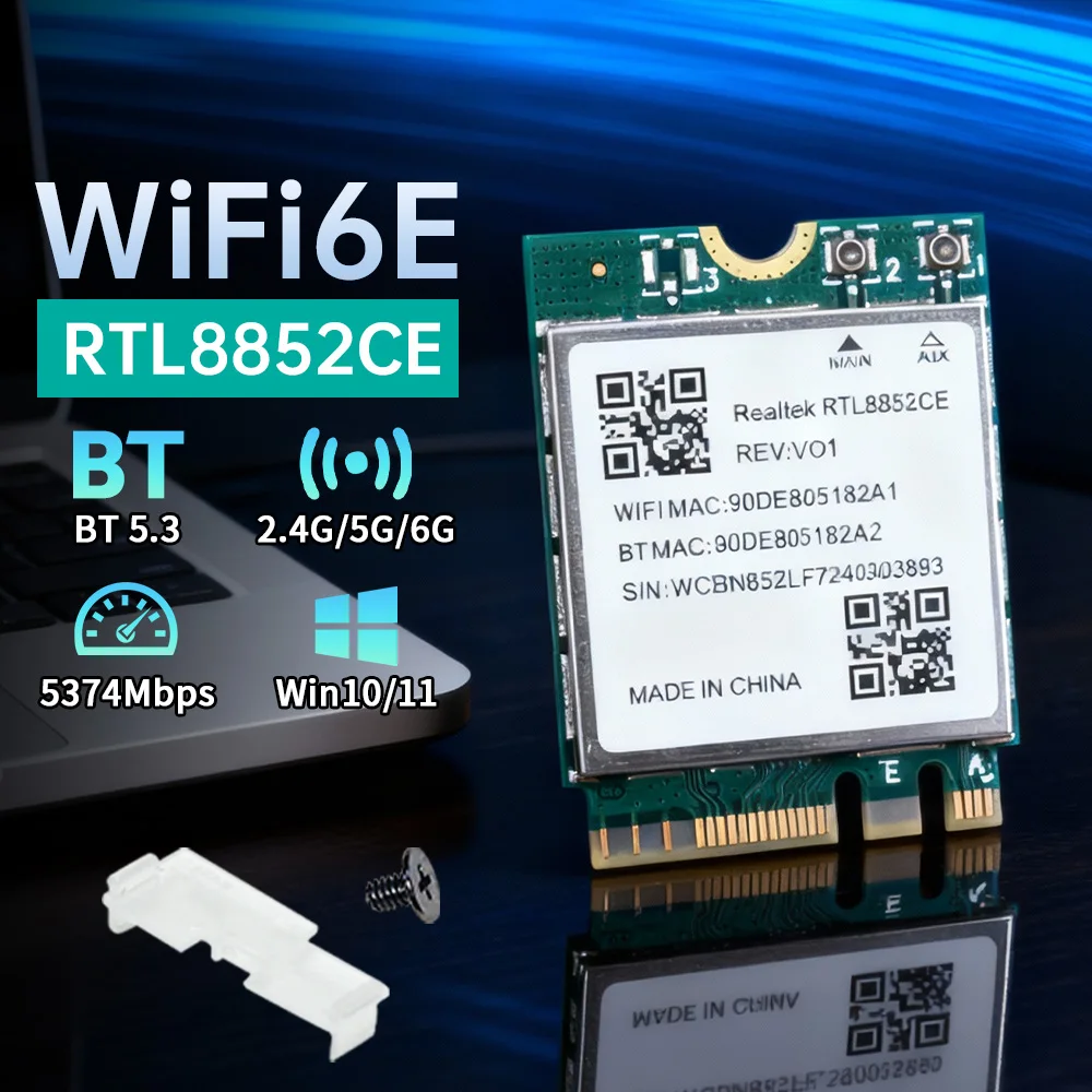 WiFi 6E Card RTL8852CE 5400Mbps M.2 Wireless Bluetooth 5.3 Adapter 802.11ax Tri Band 2.4/5/6GHz Network Card for Windows 10/11
WiFi 6E Card RTL8852CE 5400Mbps M.2 Wireless Bluetooth 5.3 Adapter 802.11ax Tri Band 2.4/5/6GHz Network Card for Windows 10/11