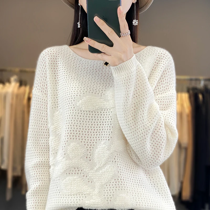 Pullover 100% pure wool sweater Women's round hollow knit loose and simple new autumn and winter versatile long sleeved sweater
Pullover 100% pure wool sweater Women's round hollow knit loose and simple new autumn and winter versatile long sleeved sweater