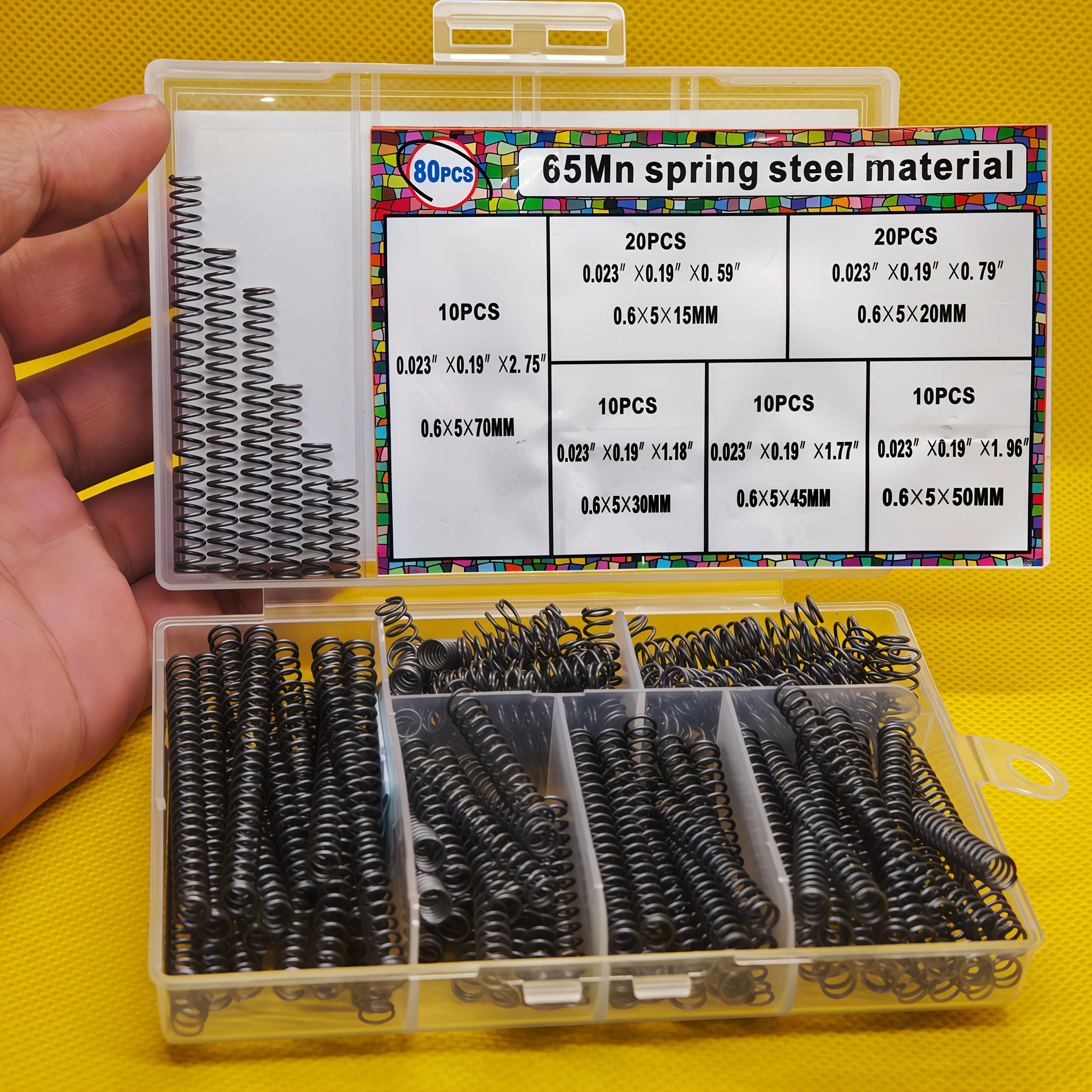 80Pcs/Box 65Mn Steel Compression Spring Assortment Kit - 0.6mm Wire x 5mm OD x 15-70mm Length (6 Sizes) - High Tension Springs
80Pcs/Box 65Mn Steel Compression Spring Assortment Kit - 0.6mm Wire x 5mm OD x 15-70mm Length (6 Sizes) - High Tension Springs