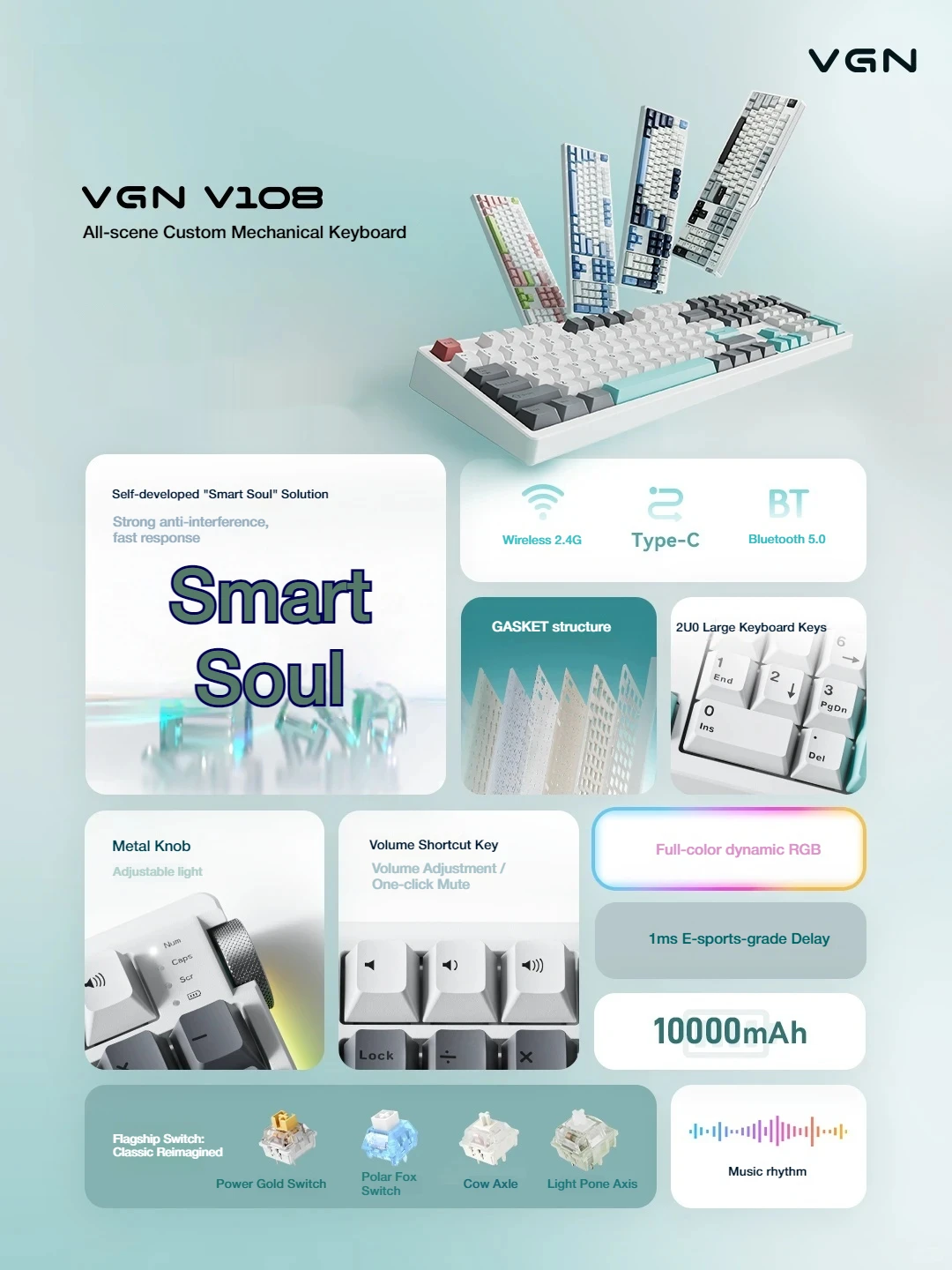 VGN V108 Custom Mechanical Keyboard 3 Mode Wireless Bluetooth Gaming Office Silent Hot Swap Gasket Low Latency Keyboard
VGN V108 Custom Mechanical Keyboard 3 Mode Wireless Bluetooth Gaming Office Silent Hot Swap Gasket Low Latency Keyboard